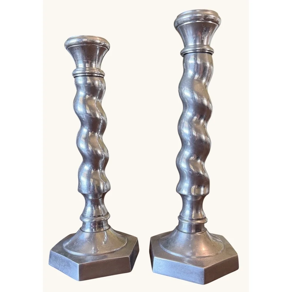 Vintage Cast Aluminum Candlesticks Pair Silver Tone Barley Twist Taper India